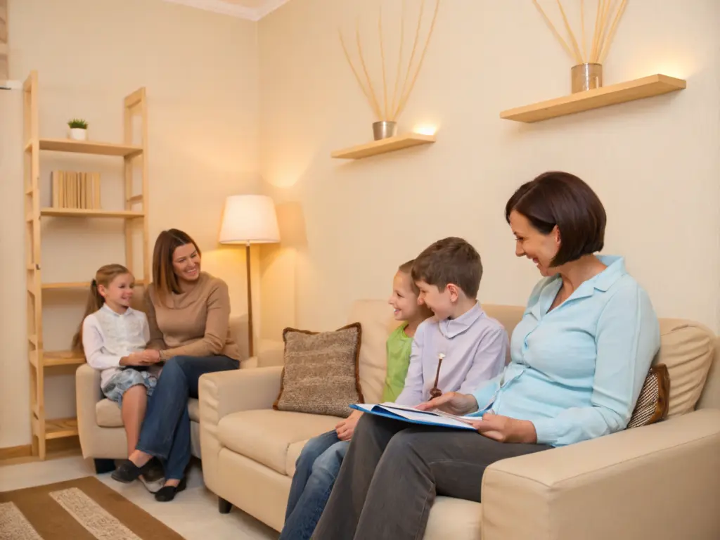 A calm family therapy session with a family sitting together in a supportive environment, soft lighting and warm colors.
